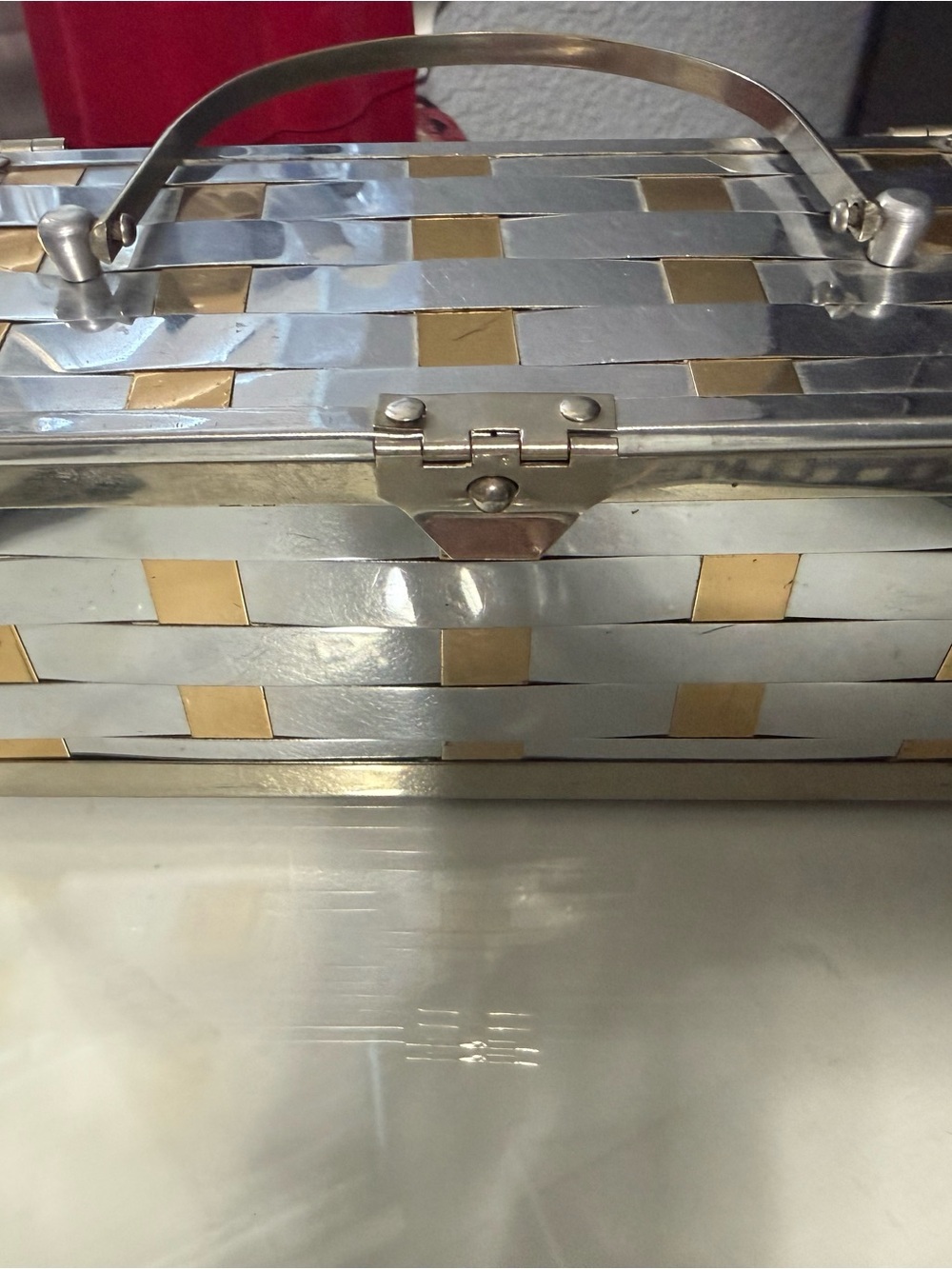 MCM Silver and Gold Metallic Woven Box Clutch
